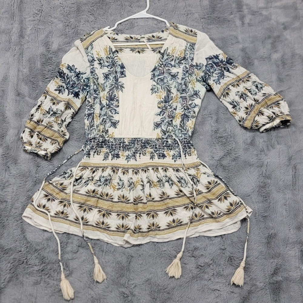 Free People Dress Womens XS White Moonlight Drive Peasant Floral Boho Tassel